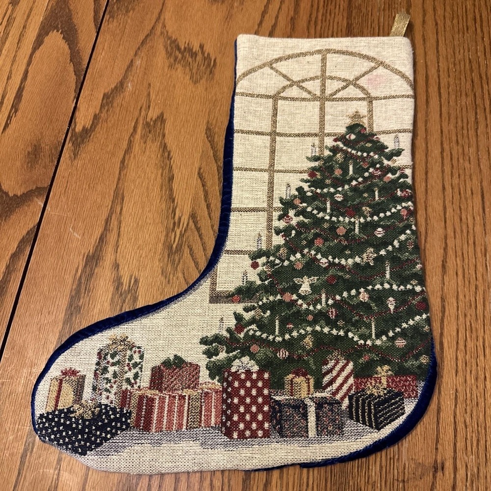 Needlepoint‎ Christmas Tree Stocking Blue Velvet Backing *Read